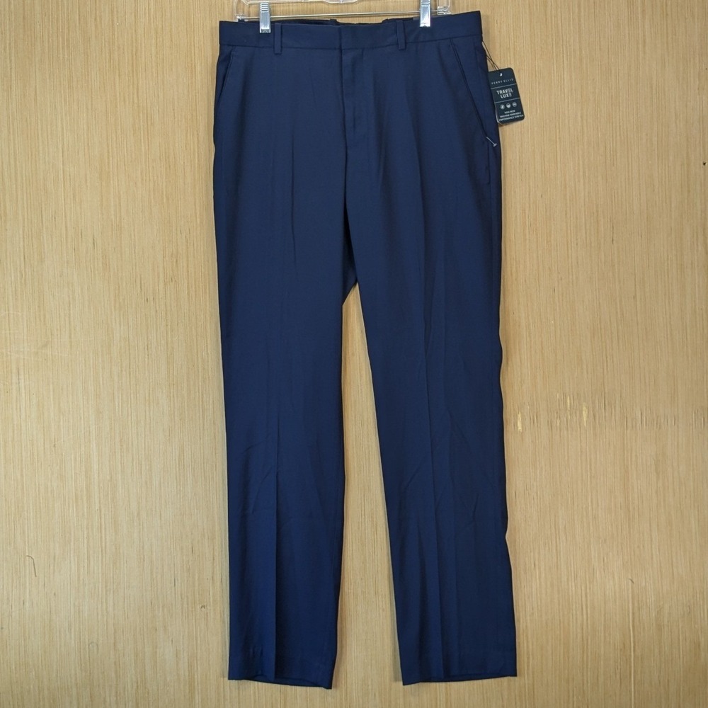 Perry Ellis Mens Travel Luxe Slim Fit Dress Pants Navy Blue 32x32 New With Tags